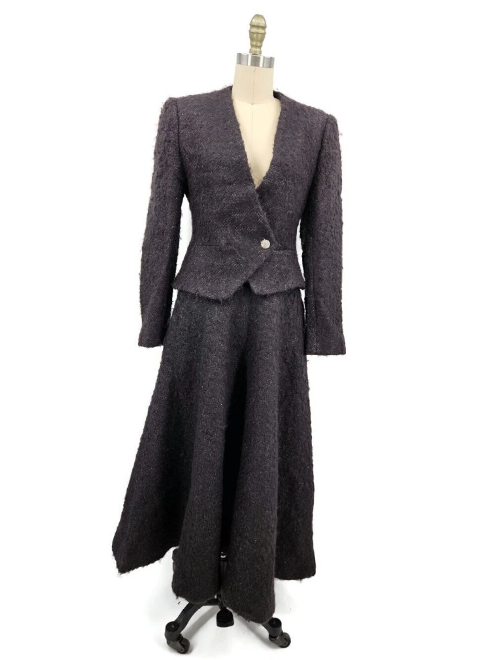 VTG Nipon Coature Skirt Suit Womens 8 Peplum Jacket Maxi Skirt Wool Blend Black